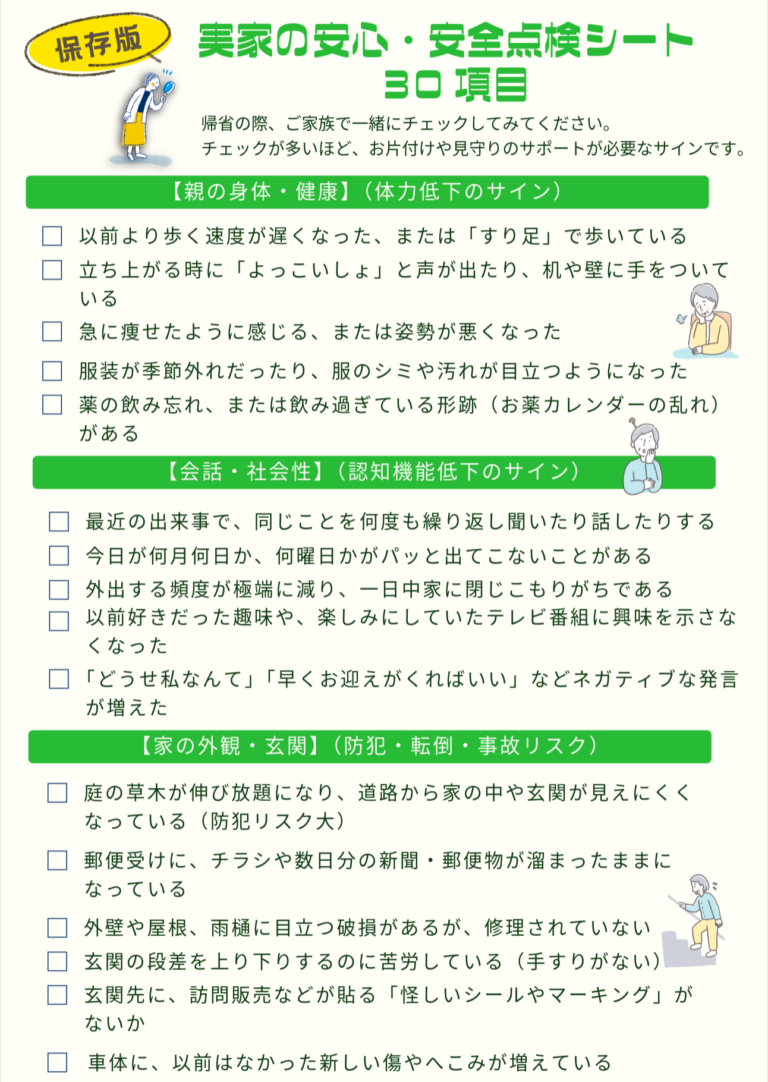親の身体や健康状態、会話や社会性、家の外観・玄関のチェックシートです。 実家の安心・安全点検シートの1枚目です。