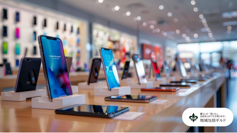携帯ショップないの風景。スマートフォンがならんでいる。
