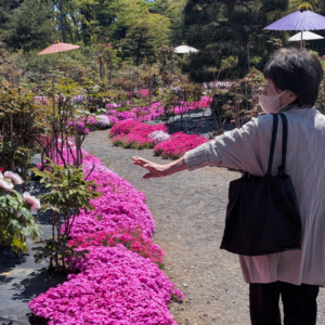 高齢女性が花に手を振り愛でている様子